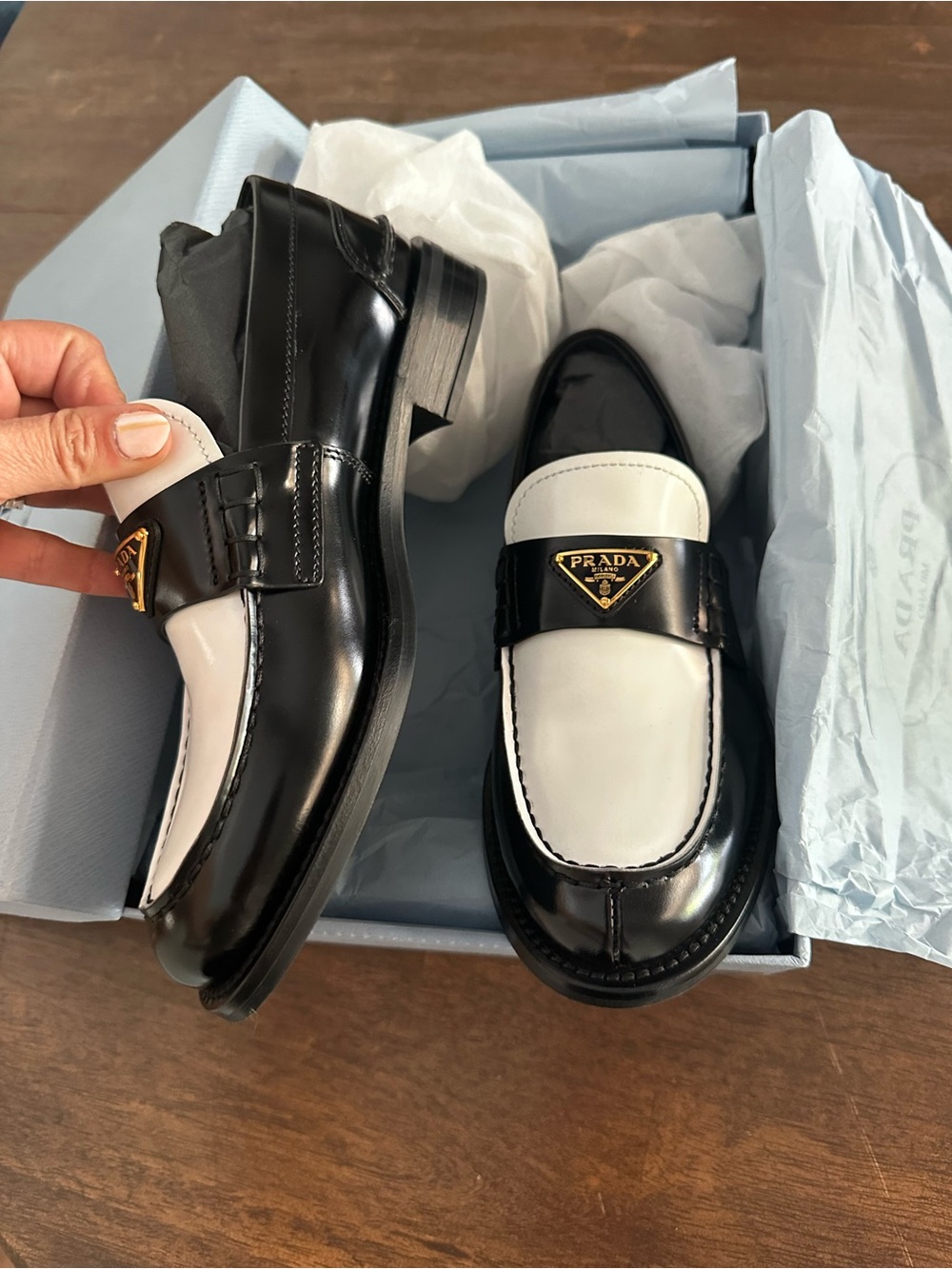 Prada Black and White Leather Penny Loafers with Gold Logo - Picture 4 of 14